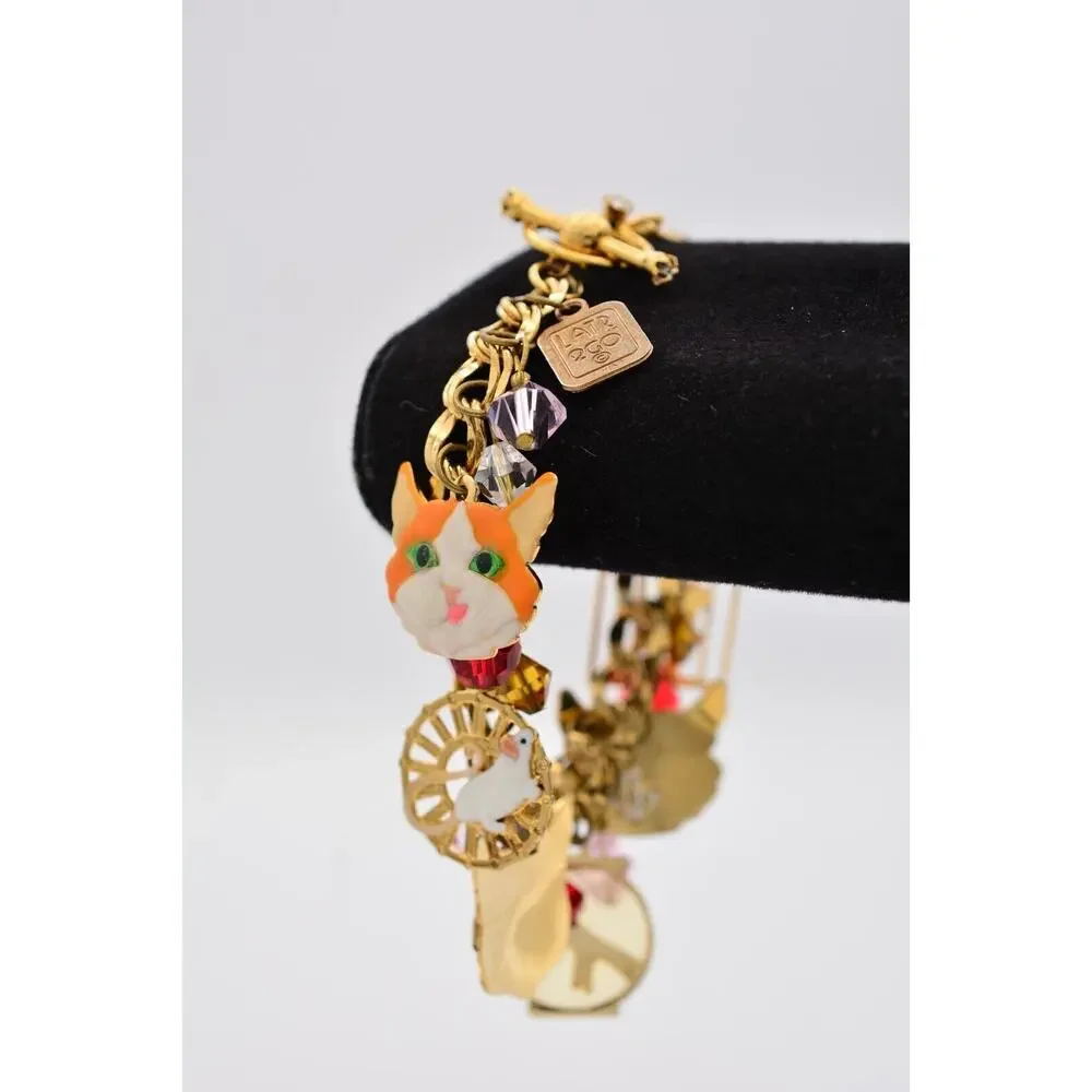 Lunch at The Ritz Vintage Cat Charm Bracelet Bird Fish Crystal Signed 1990s Bin6